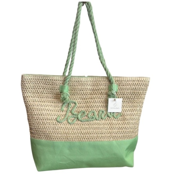 Green and Tan Raffia and Canvas Beach Tote - Picture 1 of 10